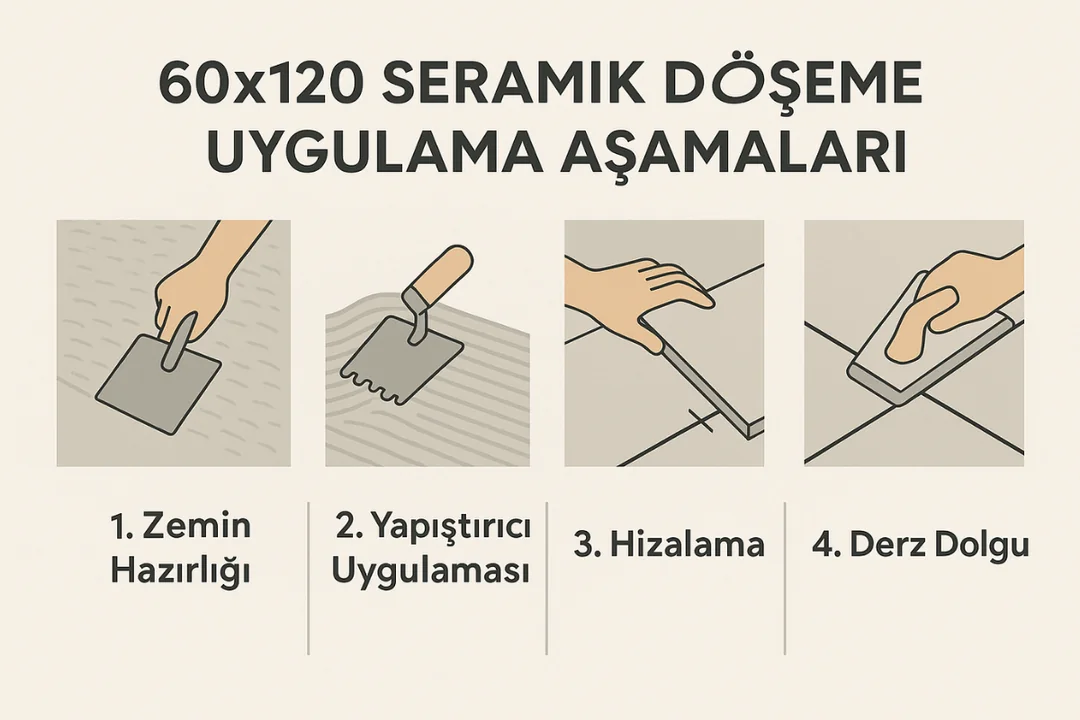 60x120 seramik döşeme uygulama aşamaları – zemin hazırlığı, yapıştırıcı, hizalama ve derz dolgu süreci.
