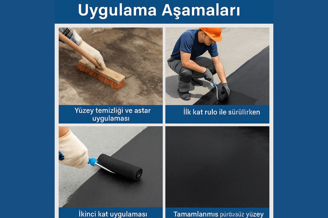 Poliüretan likit membran uygulama aşamaları – yüzey hazırlığı, kat uygulaması, tamamlanmış izolasyon.
