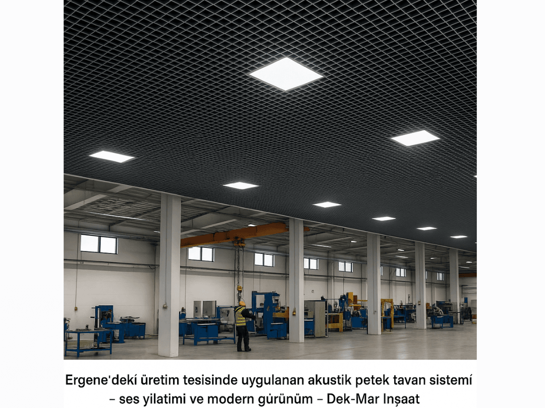 Ergene’deki üretim tesisinde uygulanan akustik petek tavan sistemi – ses yalıtımı ve modern görünüm – Dek-Mar İnşaat