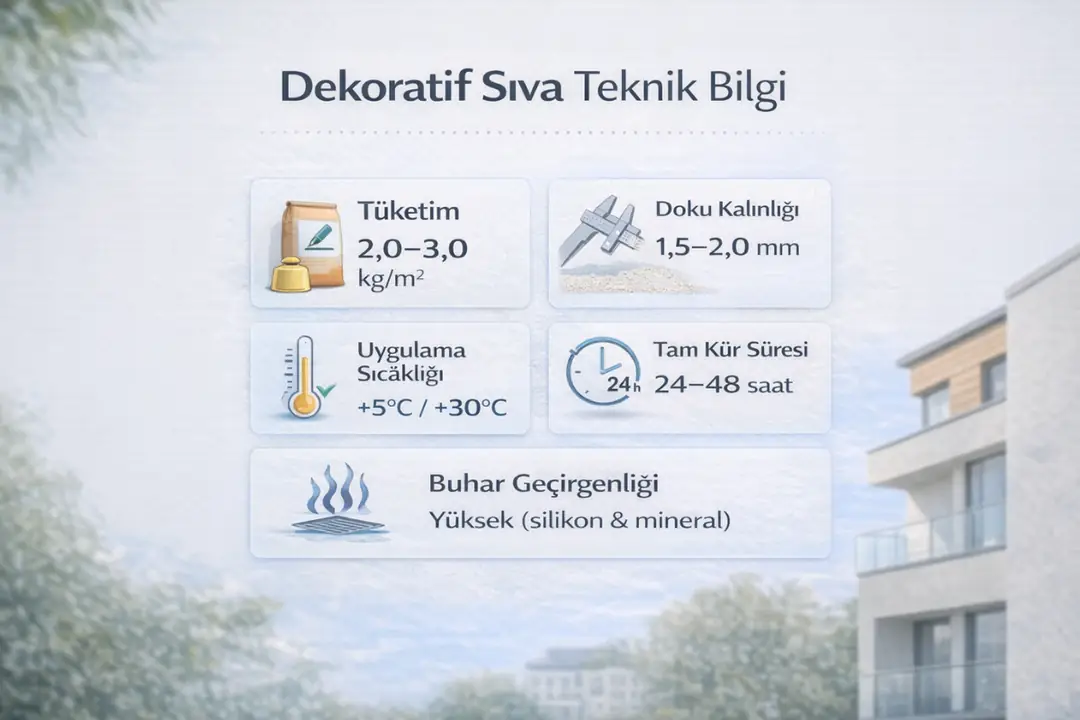 Dekoratif dış cephe sıvası teknik bilgileri – tüketim, doku kalınlığı, kür süresi ve uygulama koşulları&nbsp;