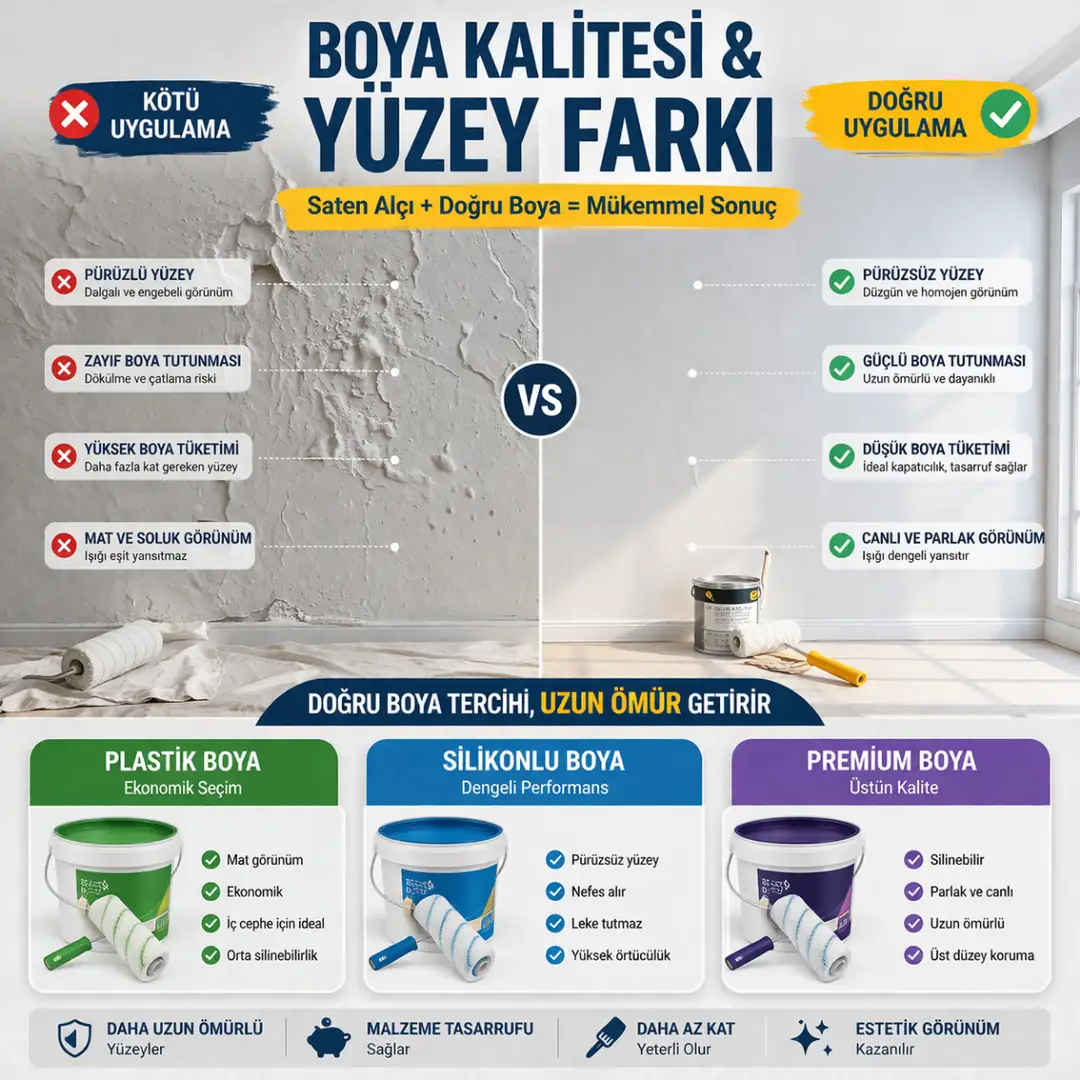 Boya kalitesi ve yüzey düzgünlüğü karşılaştırması, saten alçı uygulanmış ve uygulanmamış duvar farkı&nbsp;