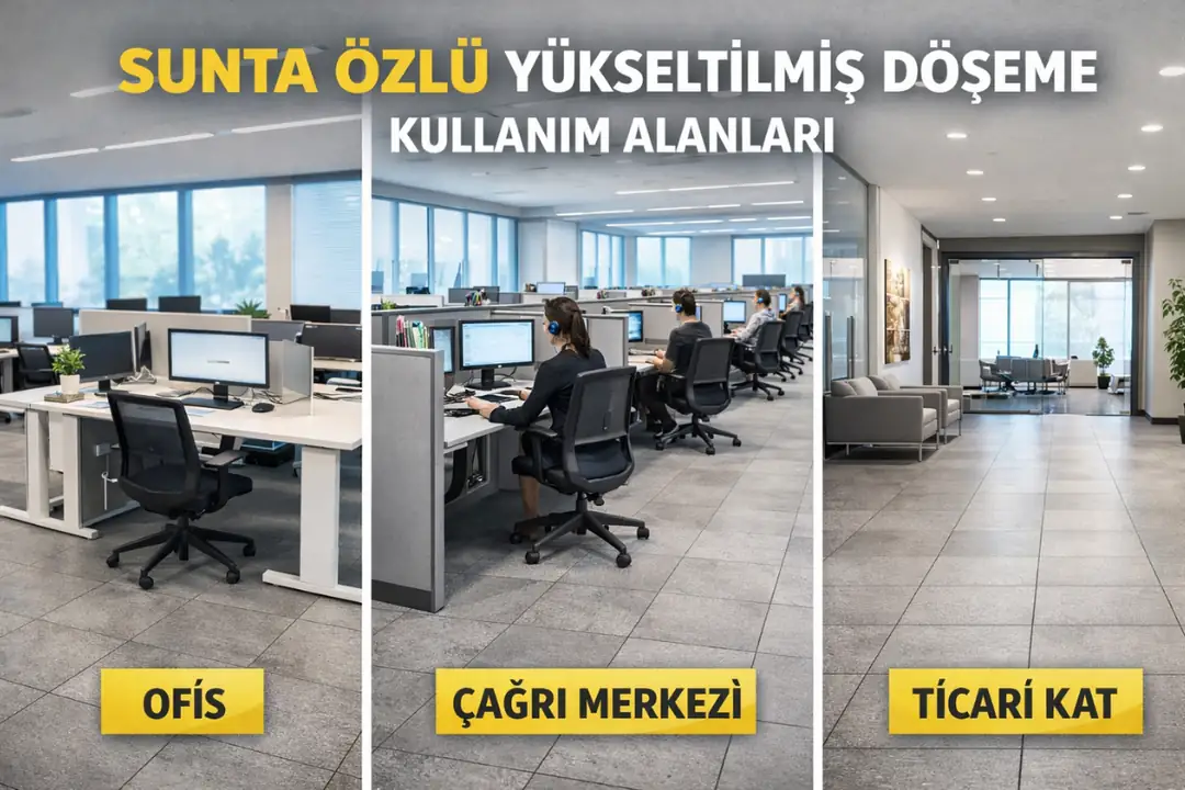 Sunta özlü yükseltilmiş döşeme ofis ve ticari alan uygulamaları