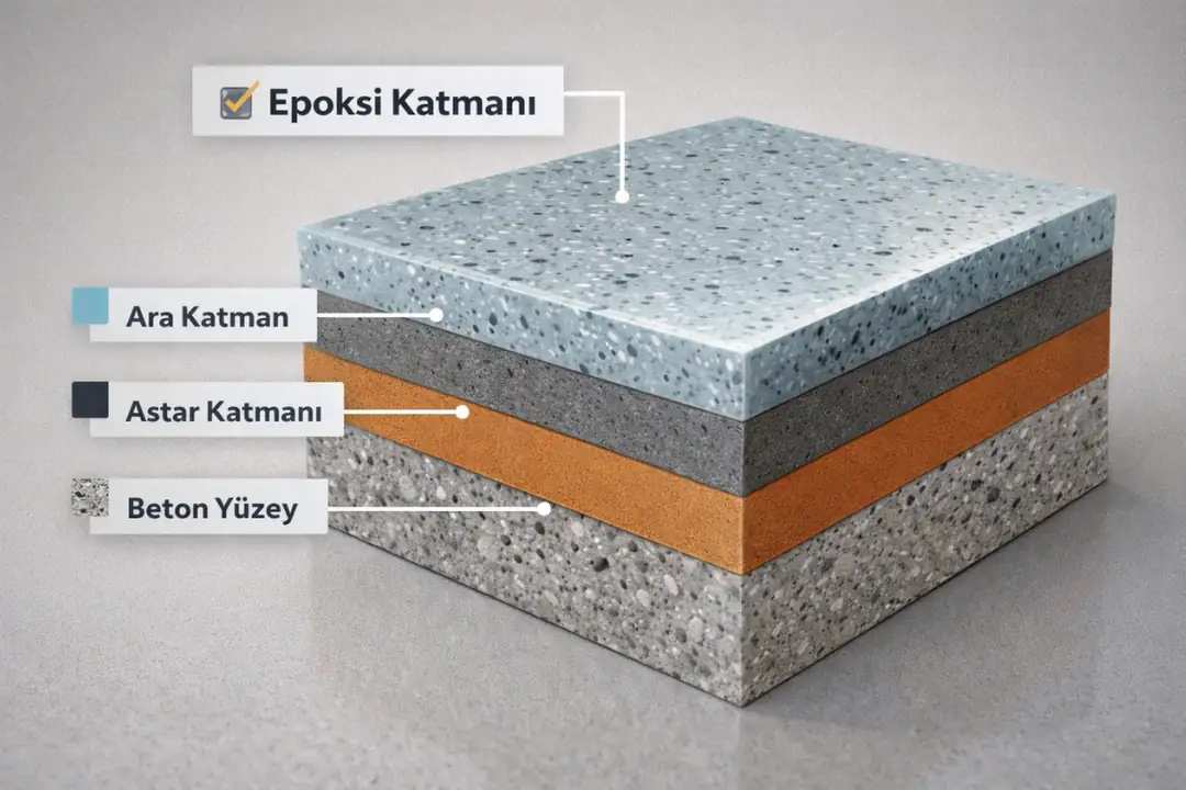 Epoksi zemin kaplama katman kesiti, beton yüzey, astar, ara kat ve epoksi üst katmanlı zemin sistemi diyagramı&nbsp;