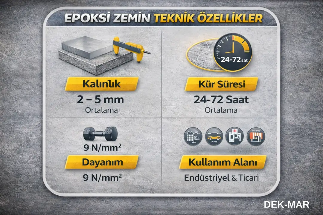 Epoksi zemin kaplama teknik özellikleri – kalınlık, kür süresi ve dayanım değerleri .