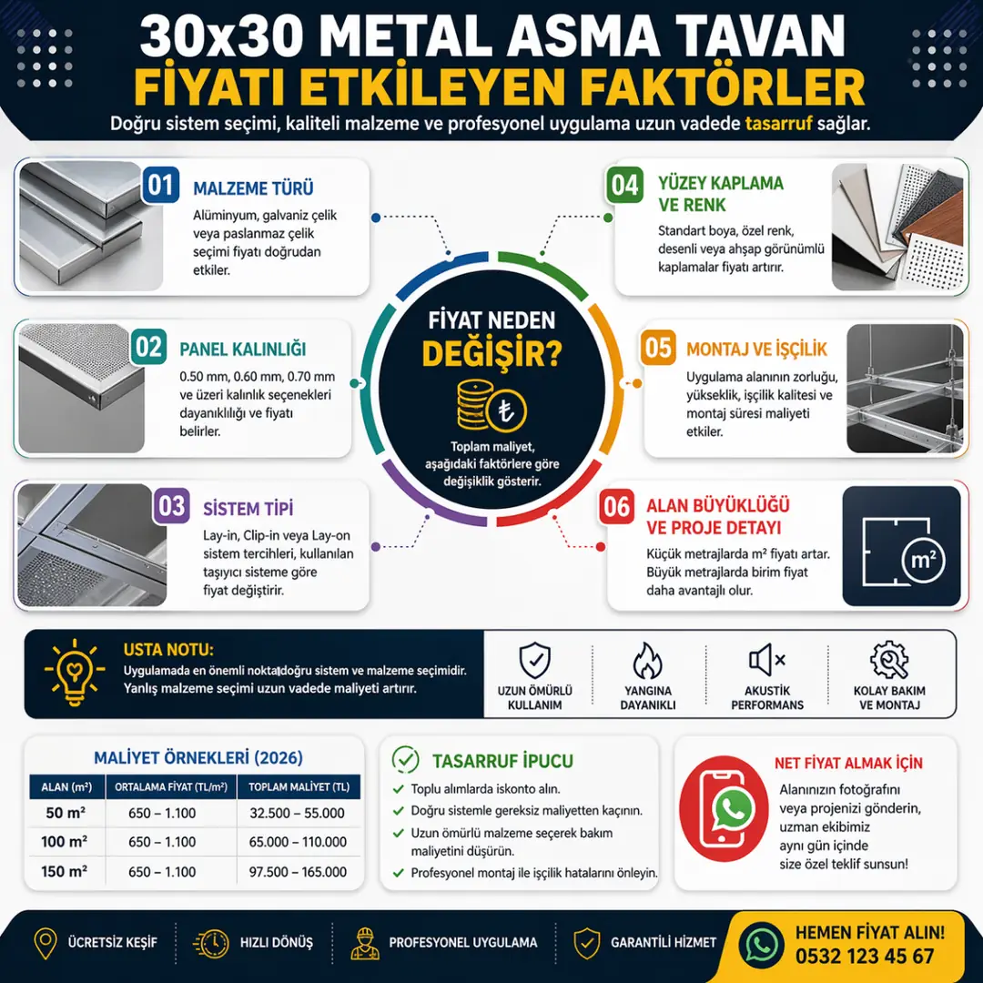 30x30 metal asma tavan fiyatını etkileyen faktörler, malzeme türü panel kalınlığı sistem tipi işçilik ve m2 alanına göre fiyat değişimi