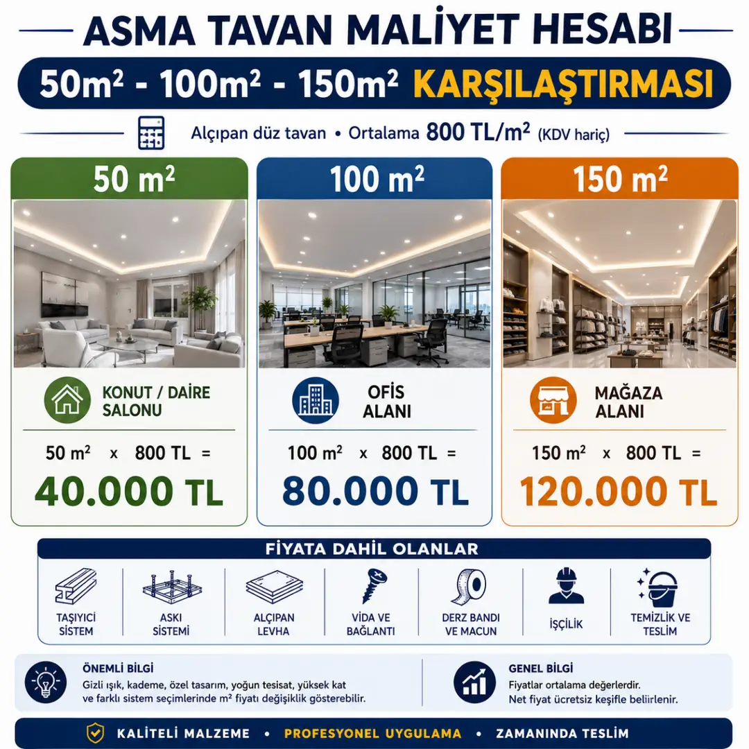 Asma tavan sistemlerinde askı mesafesi, taşıyıcı profil aksları ve kutu profil kullanım bilgileri.