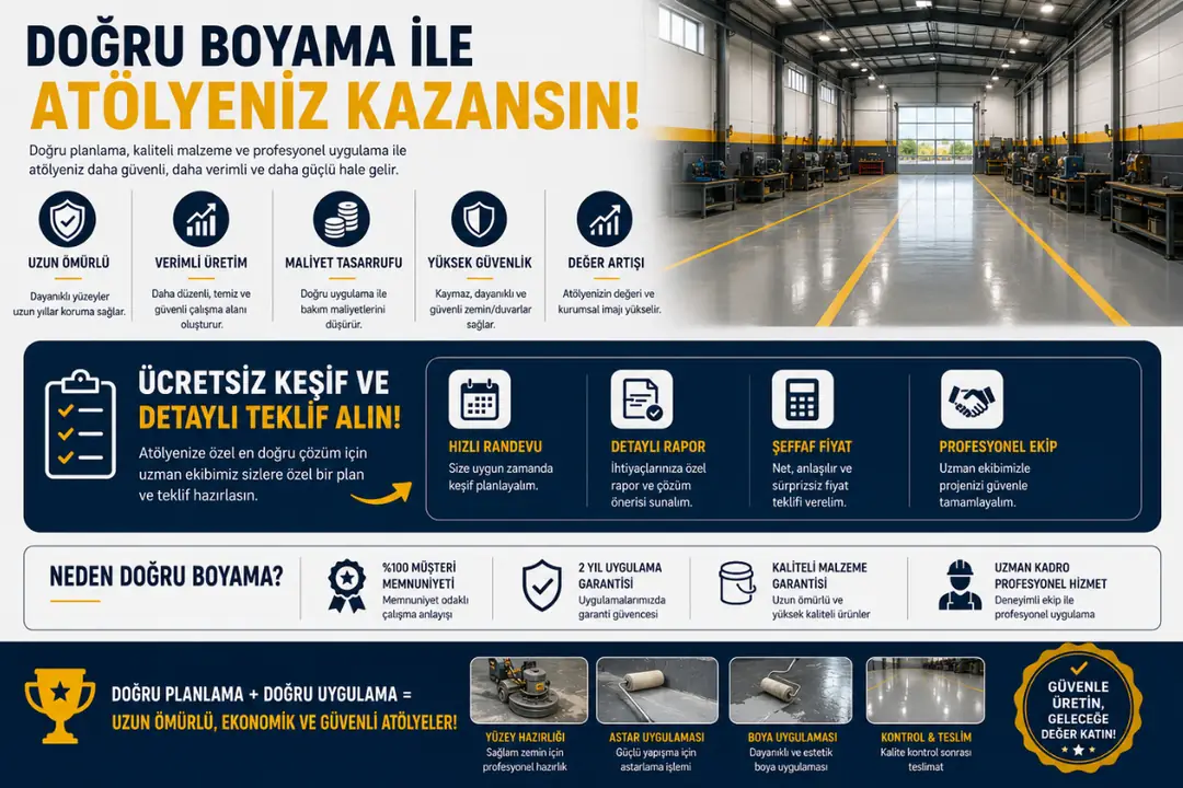 Yenilenmiş modern atölye iç mekanı epoksi zemin ve temiz boyalı endüstriyel alan&nbsp;