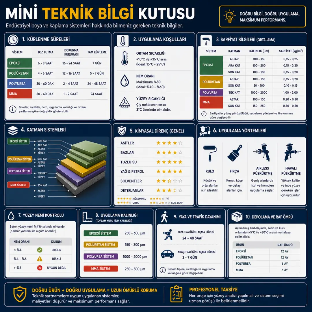 Endüstriyel boya sistemleri kuruma süresi servis ömrü teknik bilgi tablosu