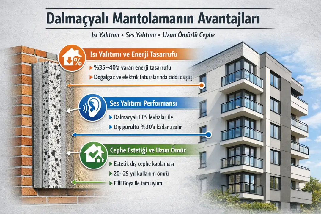 Dalmaçyalı mantolama sisteminin ısı ve ses yalıtımı avantajları, %40 enerji tasarrufu sağlayan EPS dış cephe ısı yalıtımı uygulaması&nbsp;