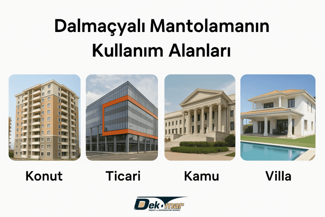 Dalmaçyalı mantolamanın kullanım alanları: konut, ticari, kamu ve villa projeleri.
