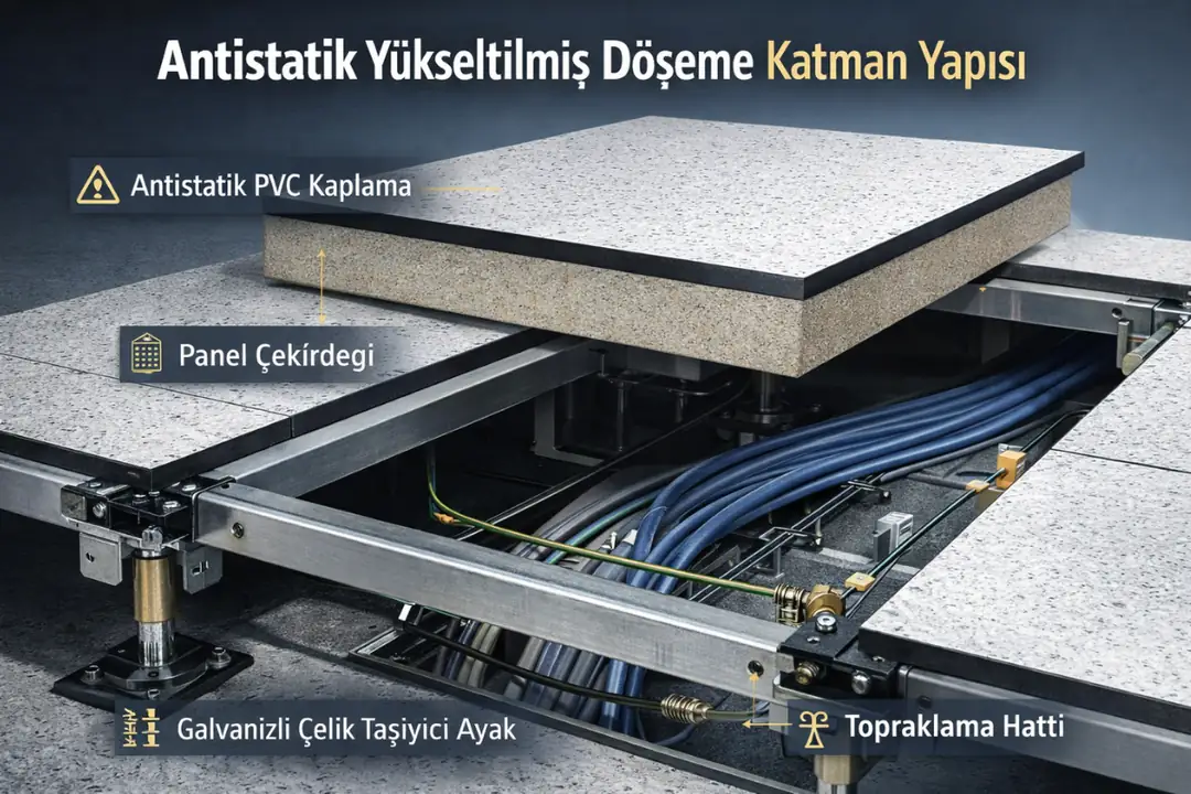 Antistatik yükseltilmiş döşeme kesiti ve teknik katman yapısı&nbsp;