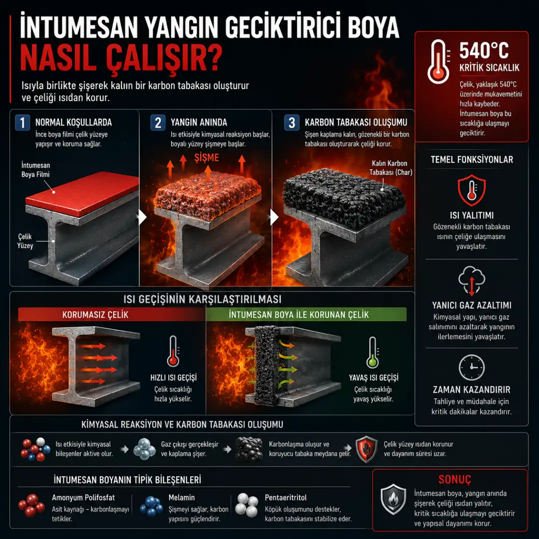 İntumesan yangın geciktirici boyanın şişerek karbon tabakası oluşturması&nbsp;