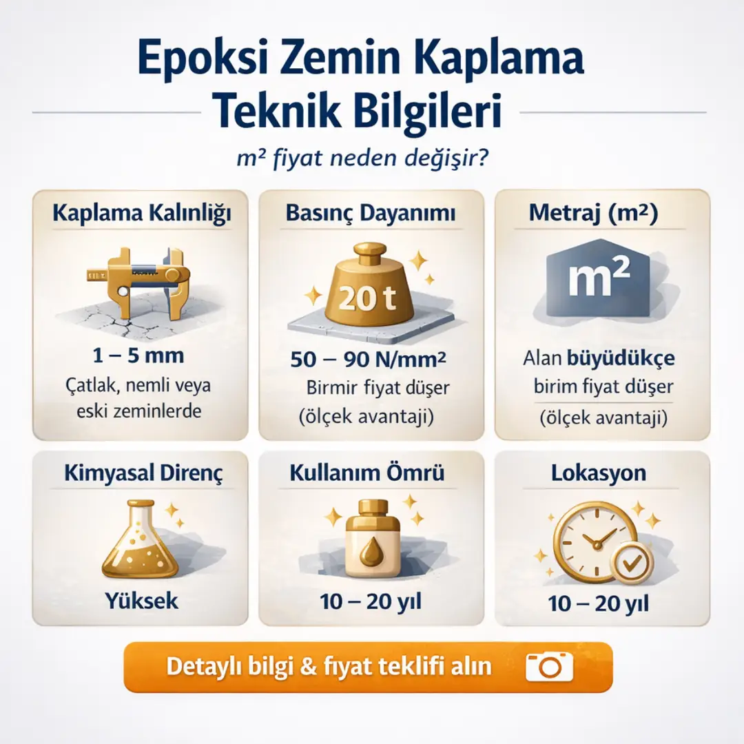 Epoksi zemin kaplama teknik özellikleri kalınlık 1-5 mm basınç dayanımı kimyasal direnç uygulama süresi ve kullanım ömrü bilgileri
