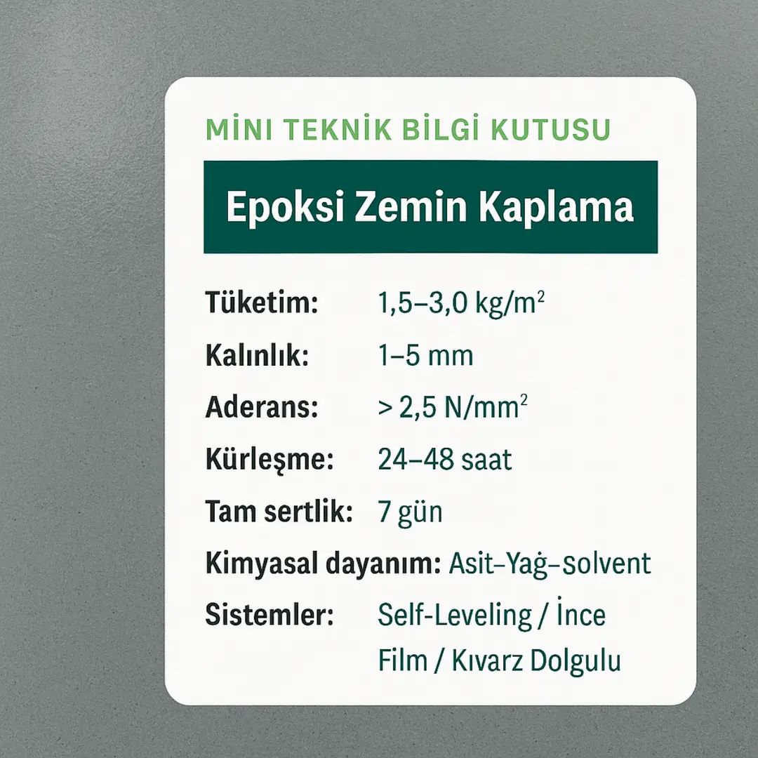 Epoksi zemin kaplama teknik bilgi kutusu – tüketim, kalınlık, kürleşme – Dek-Mar Teknik 2025