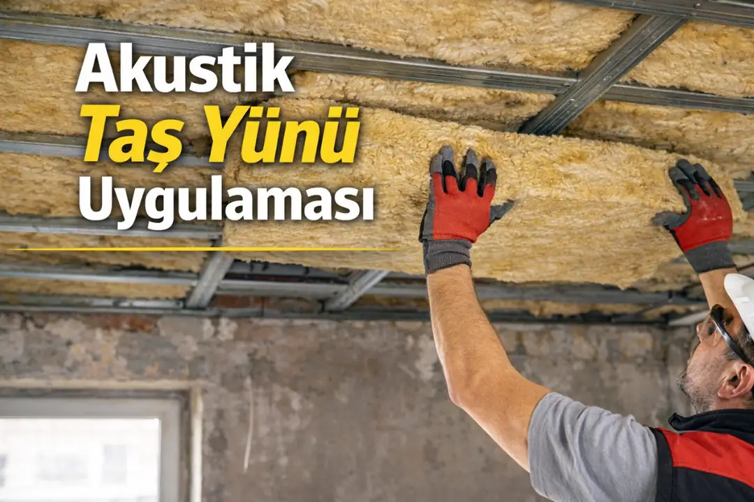 Akustik taş yünü ile tavan ses yalıtımı uygulaması gerçek şantiye görüntüsü&nbsp;