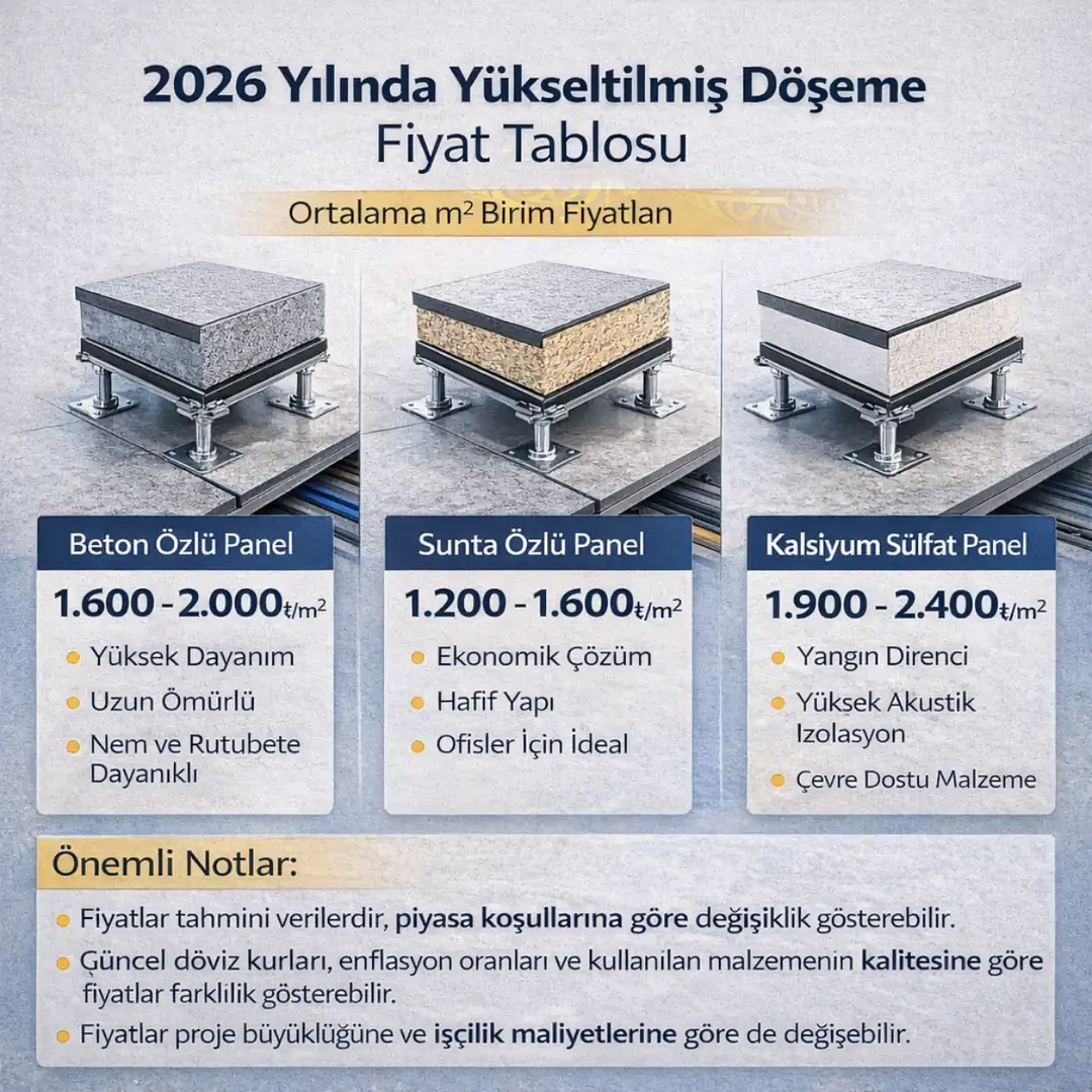 2026 İstanbul yükseltilmiş döşeme fiyat tablosu beton özlü sunta özlü ve kalsiyum sülfat panel m2 fiyat karşılaştırması&nbsp;