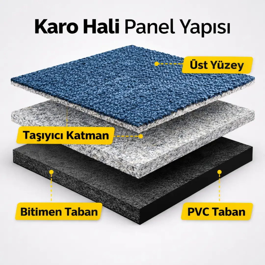 Karo halı panel yapısı, üst yüzey, taşıyıcı katman ve PVC taban kesit görünümü