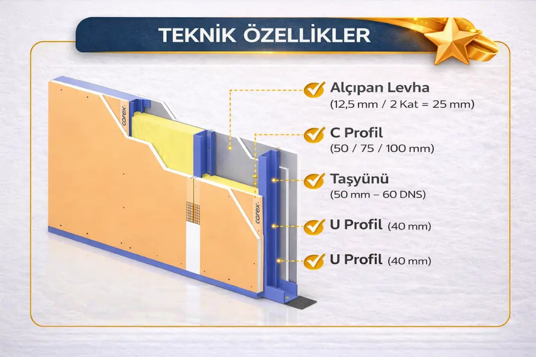 Alçıpan bölme duvar teknik özellikleri profil karkas taş yünü yalıtım ve levha katmanları kesit görünümü&nbsp;