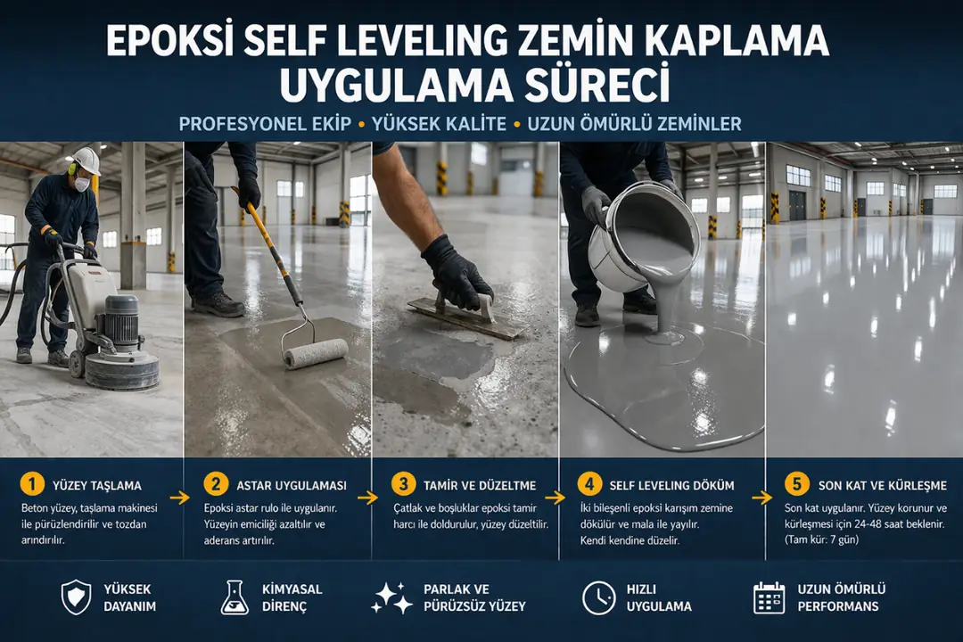 Epoksi zemin kaplama uygulama süreci taşlama astar ve döküm aşamaları&nbsp;