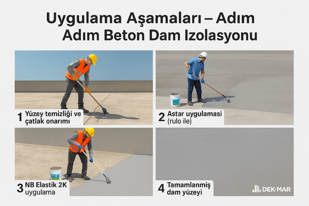 Beton dam izolasyonu uygulama aşamaları – yüzey hazırlığı, astar ve NB Elastik 2K uygulaması.