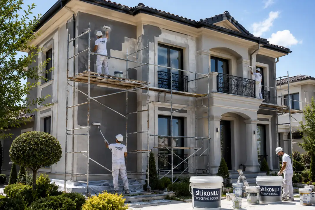 Villa dış cephe boya uygulaması yapan profesyonel ekip gerçek saha çalışması&nbsp;