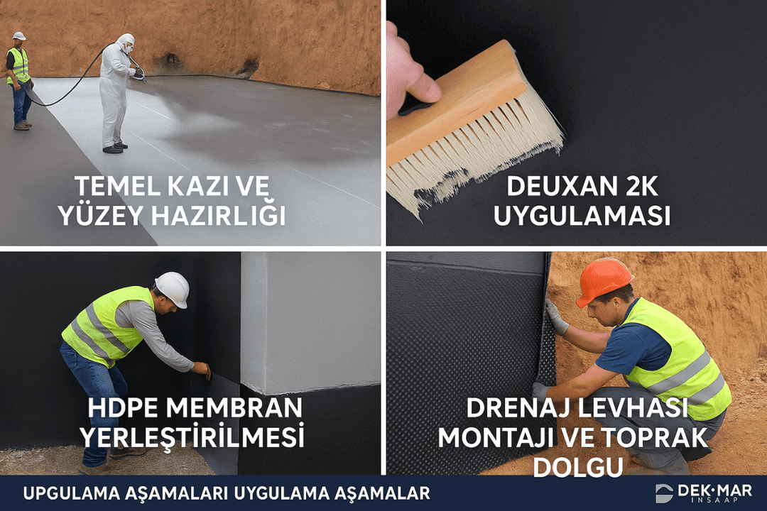 Bodrum ve temel su yalıtımı uygulama aşamaları – yüzey hazırlığı, Deuxan 2K uygulaması, HDPE membran ve drenaj levhası montajı.