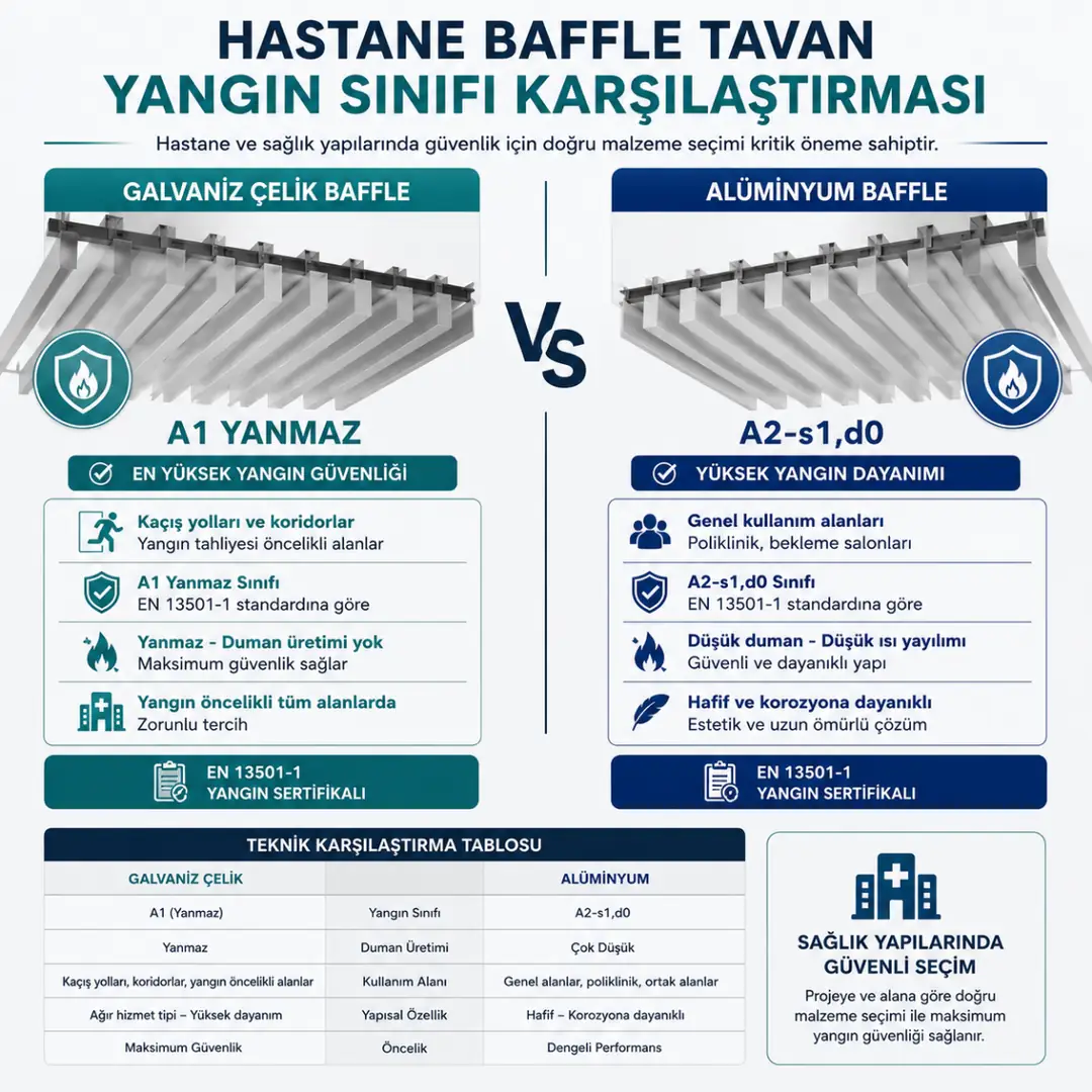 A1 galvaniz ve A2 alüminyum hastane baffle tavan karşılaştırması