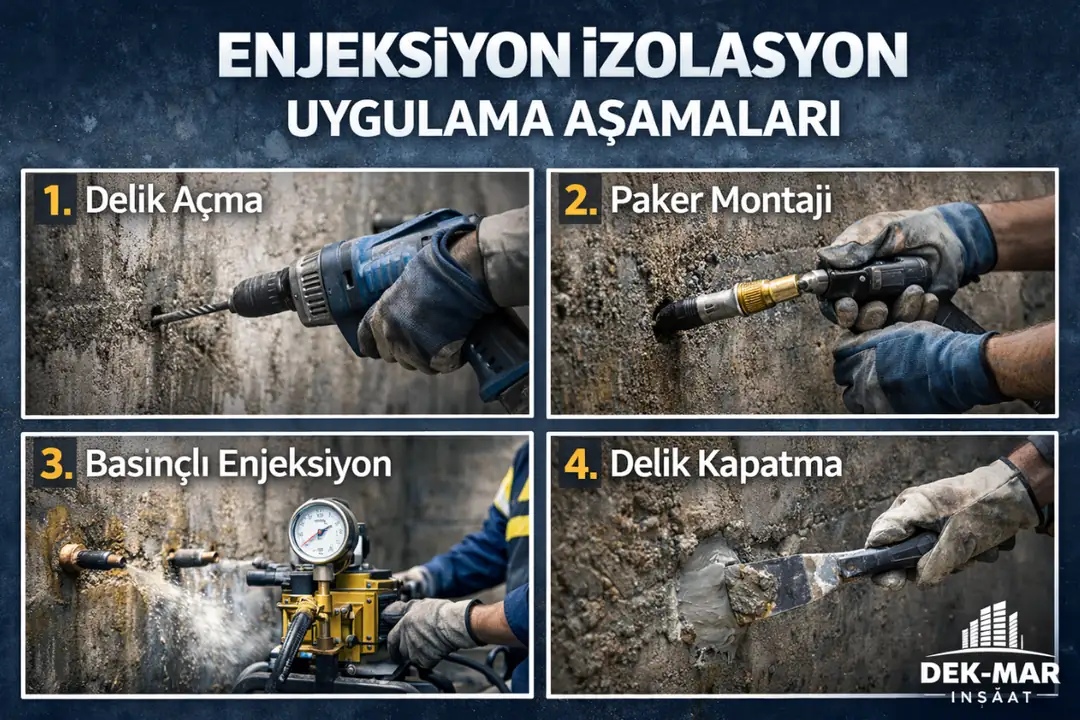 Enjeksiyon izolasyon uygulama aşamaları delik açma paker montajı basınçlı reçine enjeksiyonu
