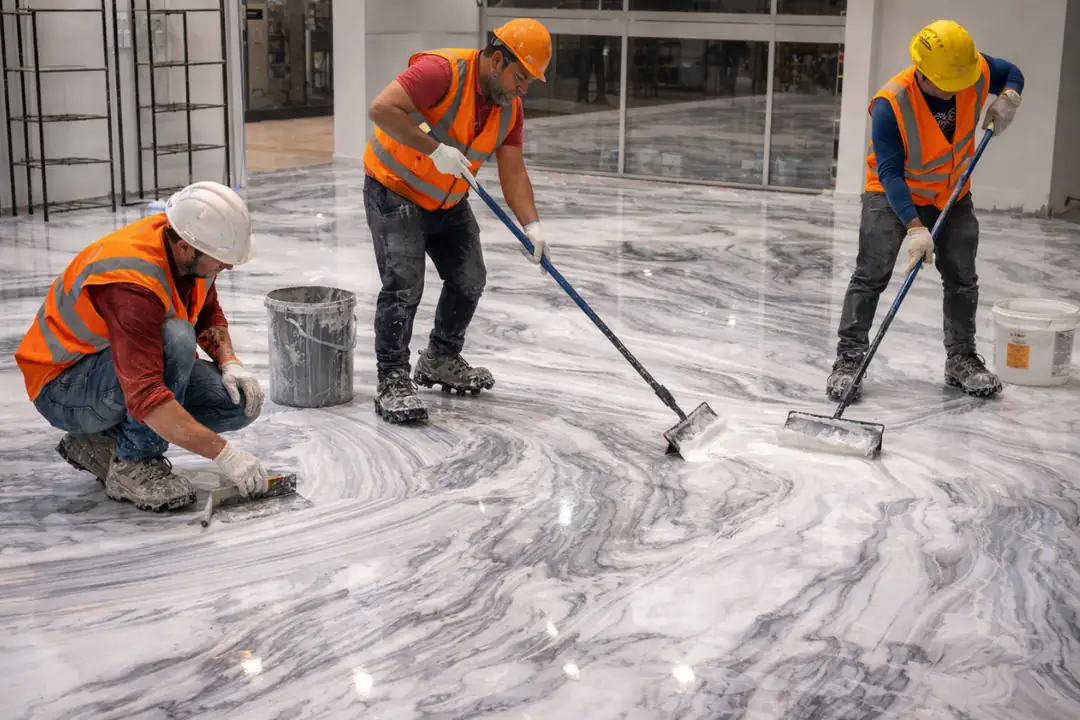 Epoksi zemin kaplama uygulama süreci saha çalışması ustalar tarafından yapılan zemin kaplama işlemi&nbsp;