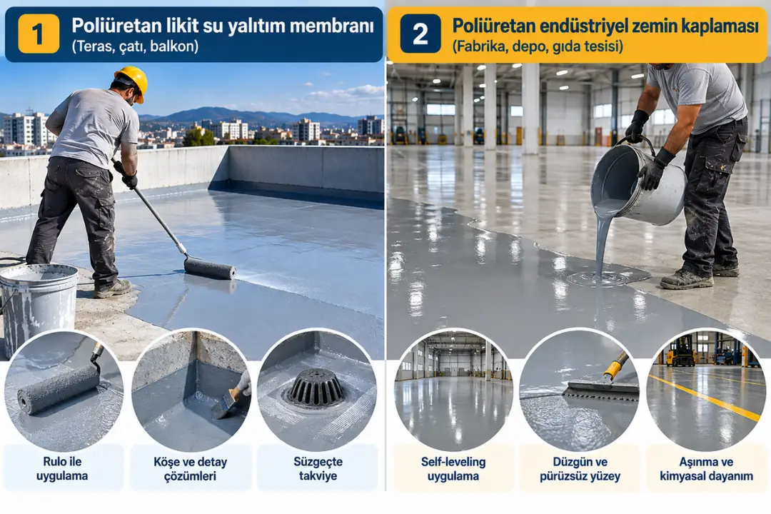 Poliüretan likit su yalıtım membranı ile poliüretan endüstriyel zemin kaplamasının uygulama alanları ve yöntemleri