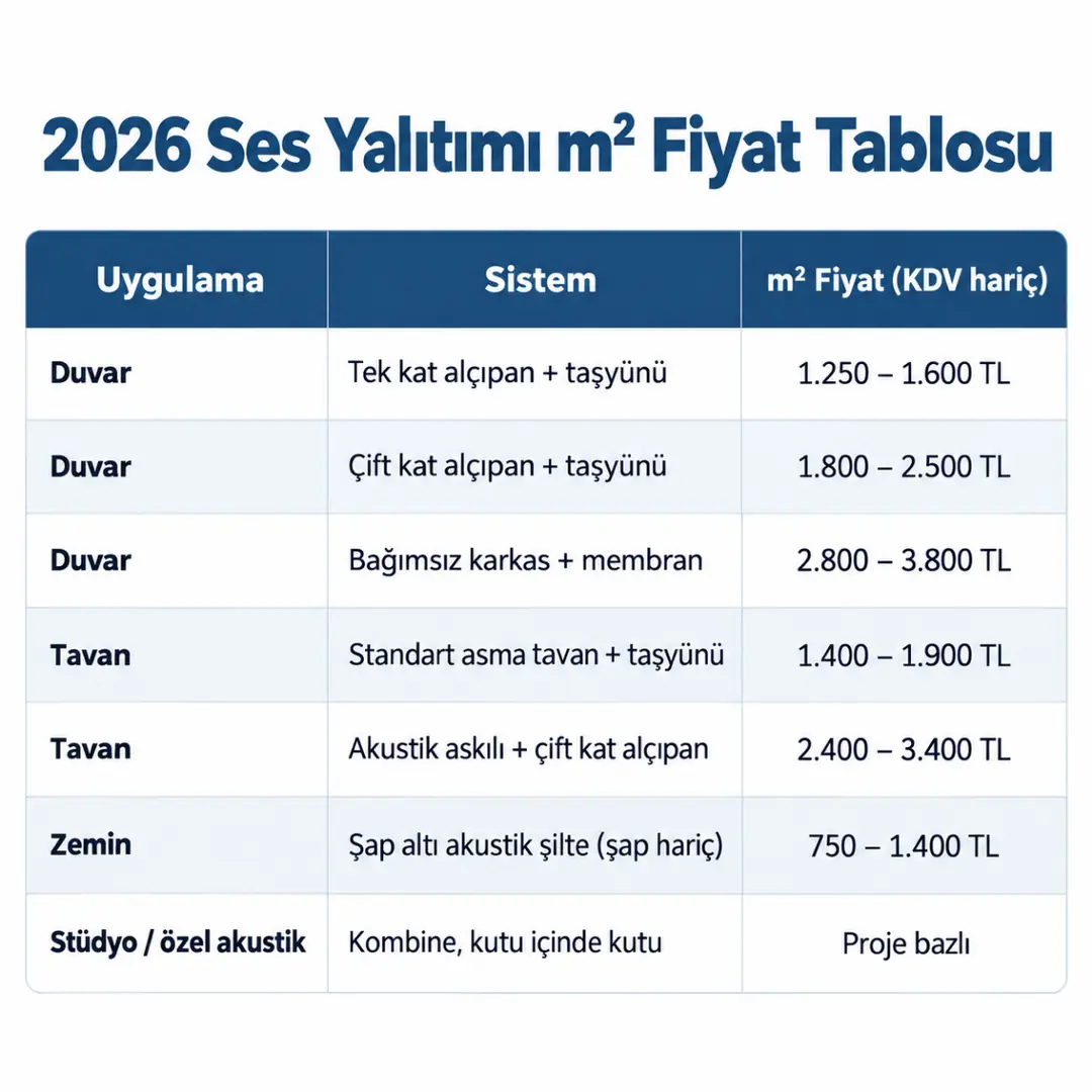 2026 ses yalıtımı m² fiyat tablosu; duvar, tavan, zemin ve özel akustik uygulama fiyatları
