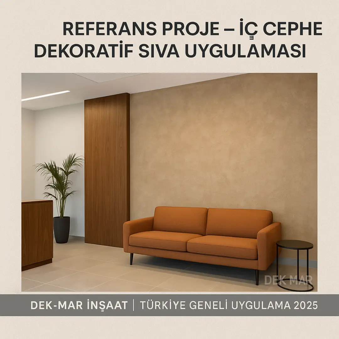 Dek-Mar referans projesi – iç cephe dekoratif sıva uygulaması 2025 – profesyonel ofis ve ev duvar kaplaması. 