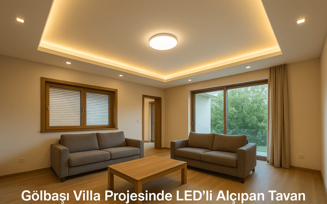 Gölbaşı villa projesinde estetik ve modern LED aydınlatmalı alçıpan asma tavan uygulaması – Dek-Mar İnşaat kalitesiyle.