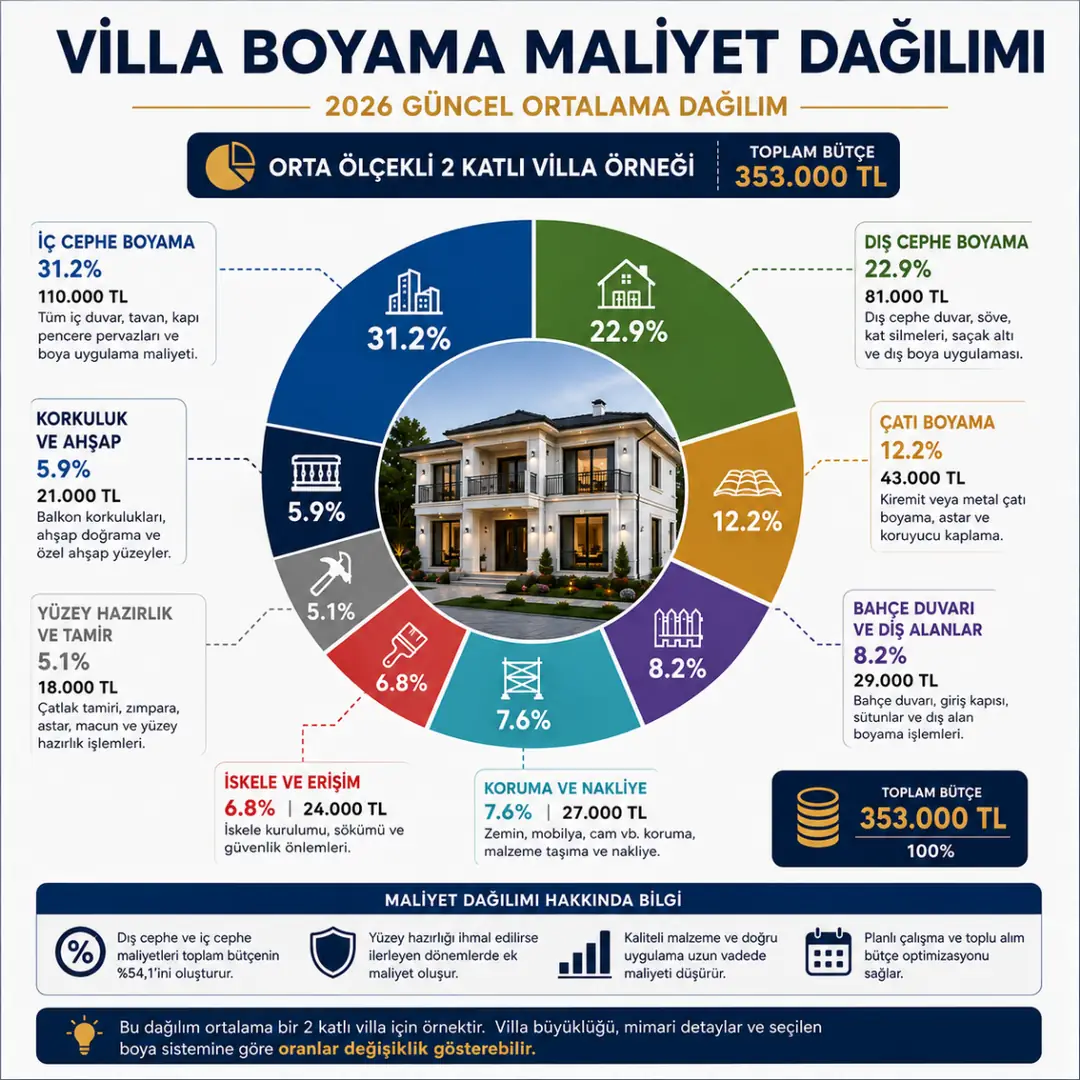 Villa boyama bütçe dağılımı iç cephe dış cephe çatı ve iskele maliyet oranları&nbsp;