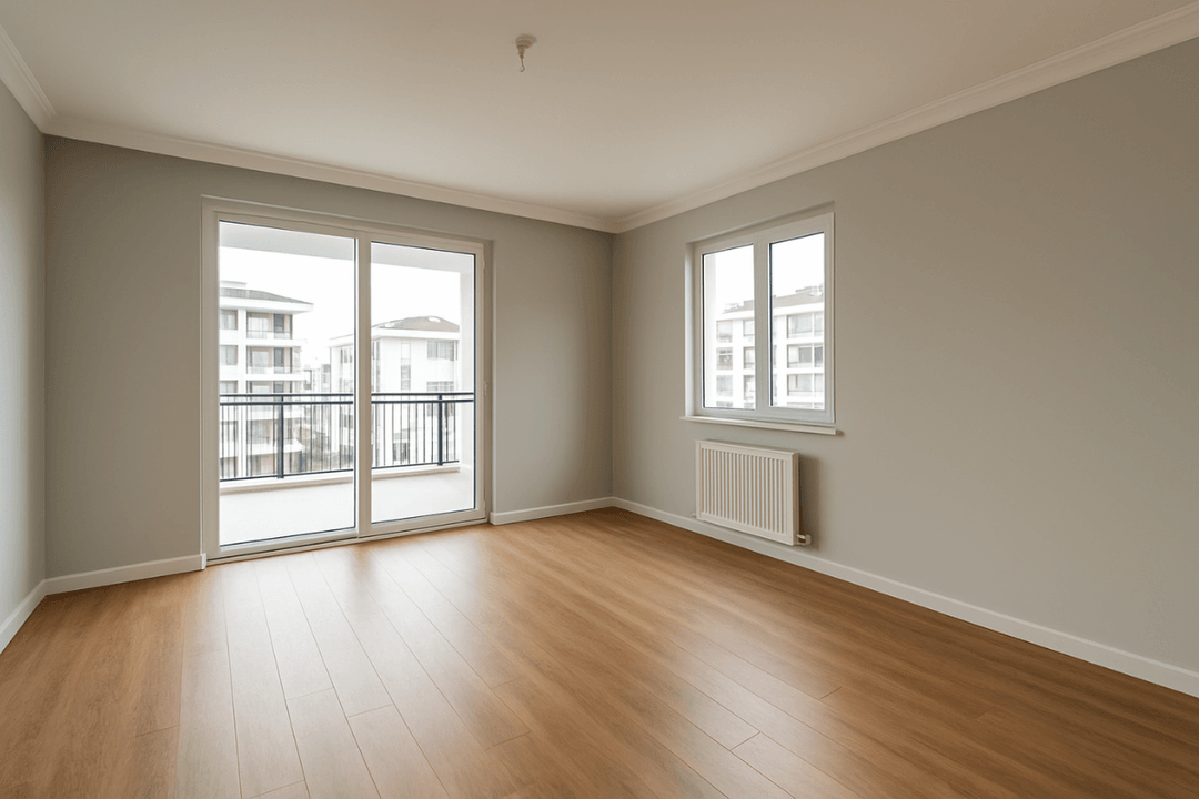Açık gri tonlarda boyanmış, modern ve ferah iç mekana sahip yeni boyanmış bir daire salonu. 