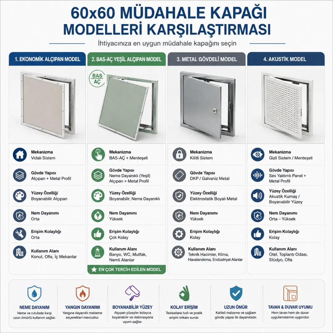 60x60 müdahale kapağı modellerinin karşılaştırıldığı ekonomik alçıpan BAS-AÇ metal ve akustik kapak seçeneklerini gösteren infografik&nbsp;