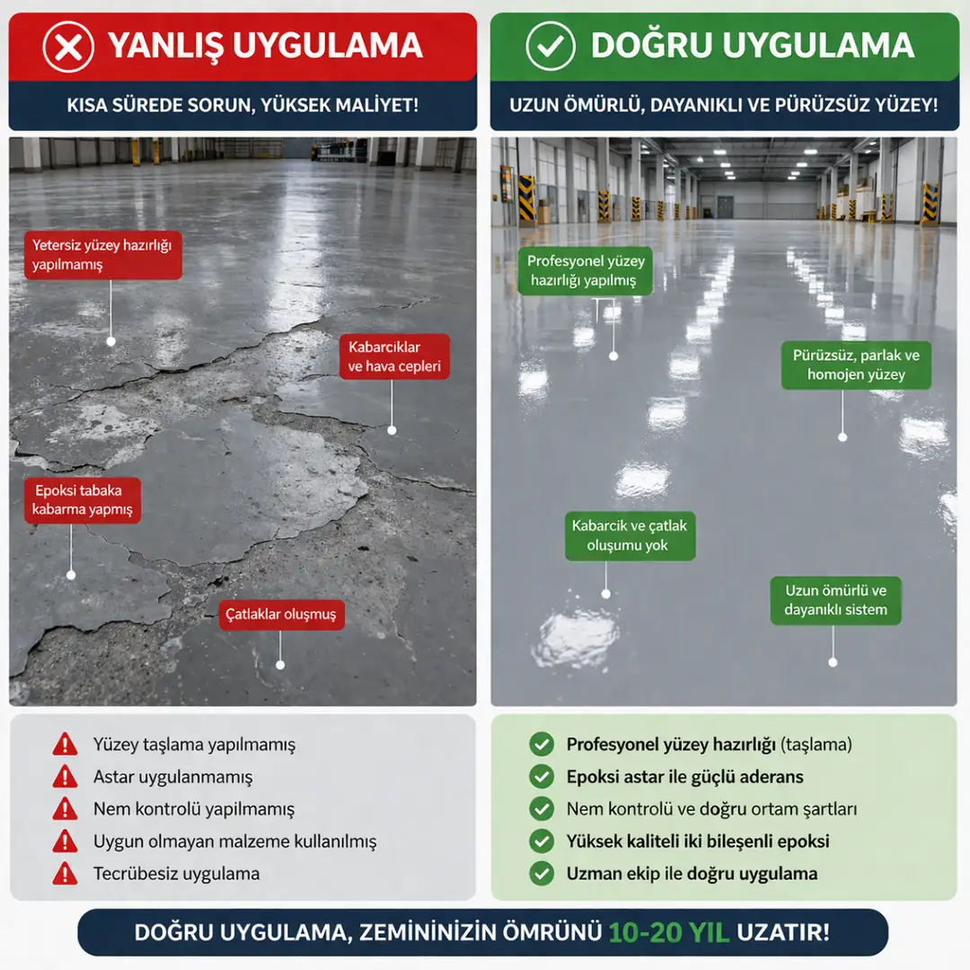 Epoksi zemin kaplama yanlış ve doğru uygulama karşılaştırması kabarma ve düzgün yüzey&nbsp;