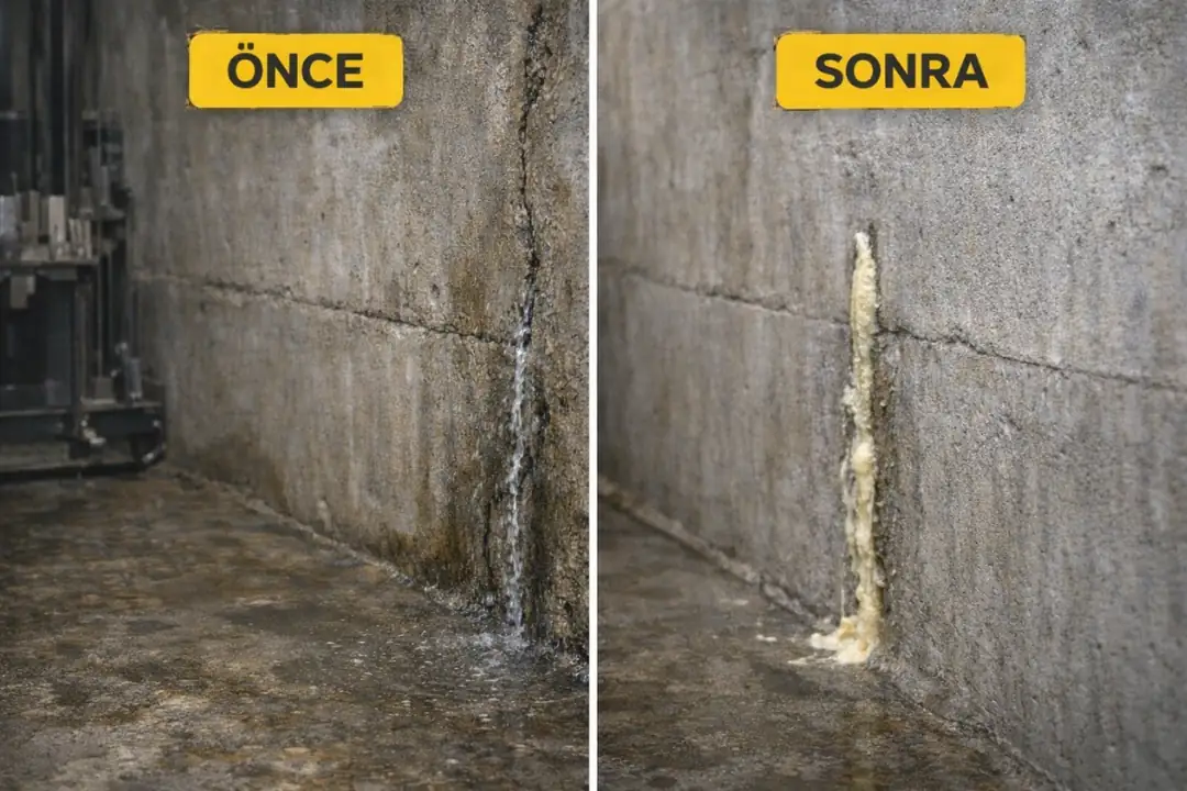 Asansör kuyusunda enjeksiyon öncesi ve sonrası su yalıtımı karşılaştırması