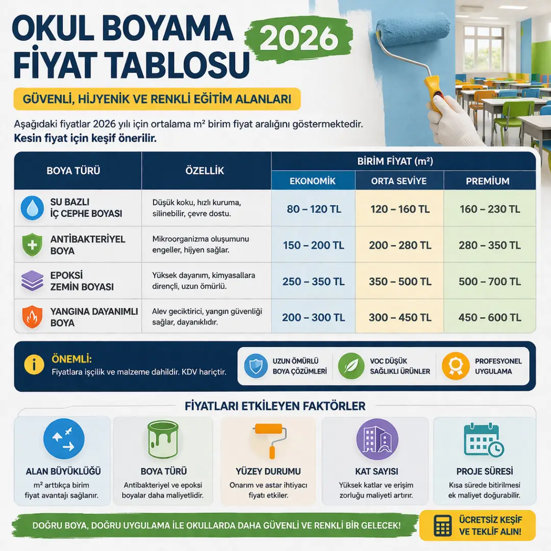 Okul boyama metrekare fiyatları 2026 ve maliyeti etkileyen faktörler