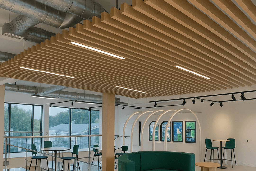Keşan ofis iç mekânında uygulanan ahşap baffle asma tavan modeli, modern ve akustik çözümlerle uyumlu.