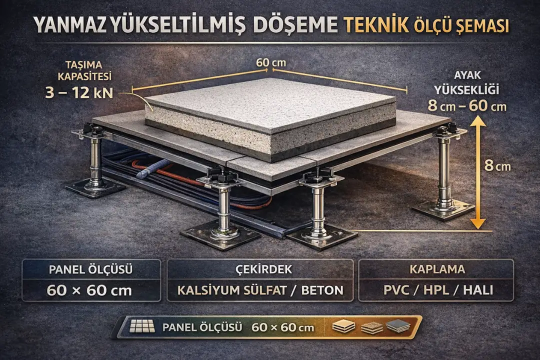 Yanmaz yükseltilmiş döşeme teknik ölçü şeması