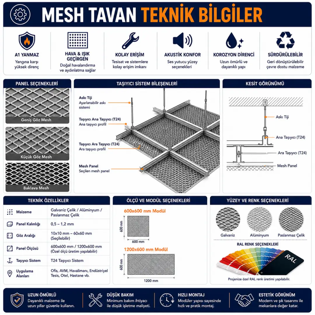 Mesh tavan sistemlerinin standart ölçüleri, göz aralıkları, yanmazlık sınıfı ve teknik özelliklerini gösteren mini teknik bilgi infografiği