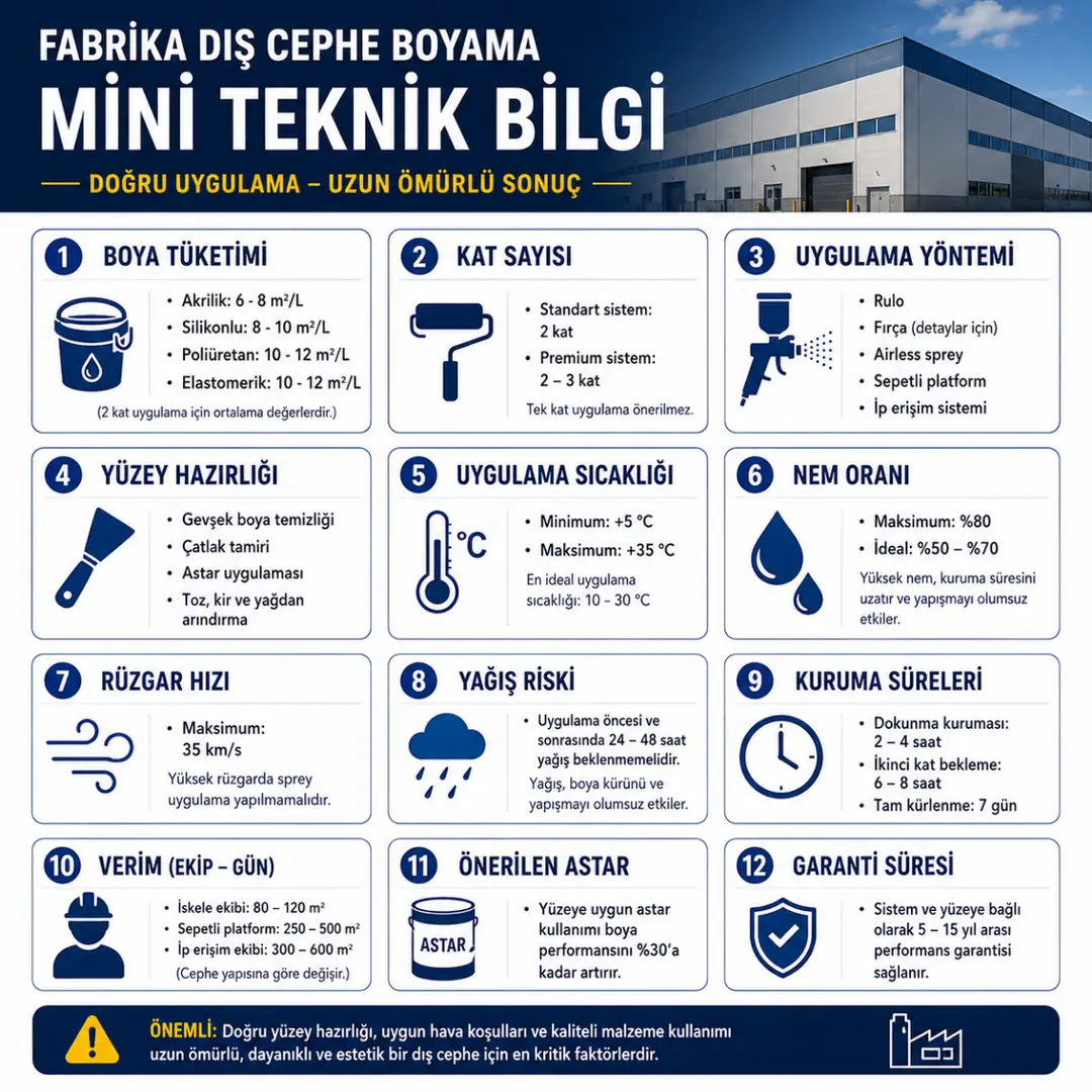 Fabrika dış cephe boyama teknik verileri tüketim uygulama süresi ve çalışma şartları&nbsp;