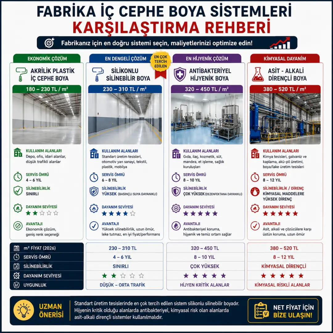 Endüstriyel fabrika iç cephe boya sistemleri karşılaştırması ve kullanım alanları&nbsp;