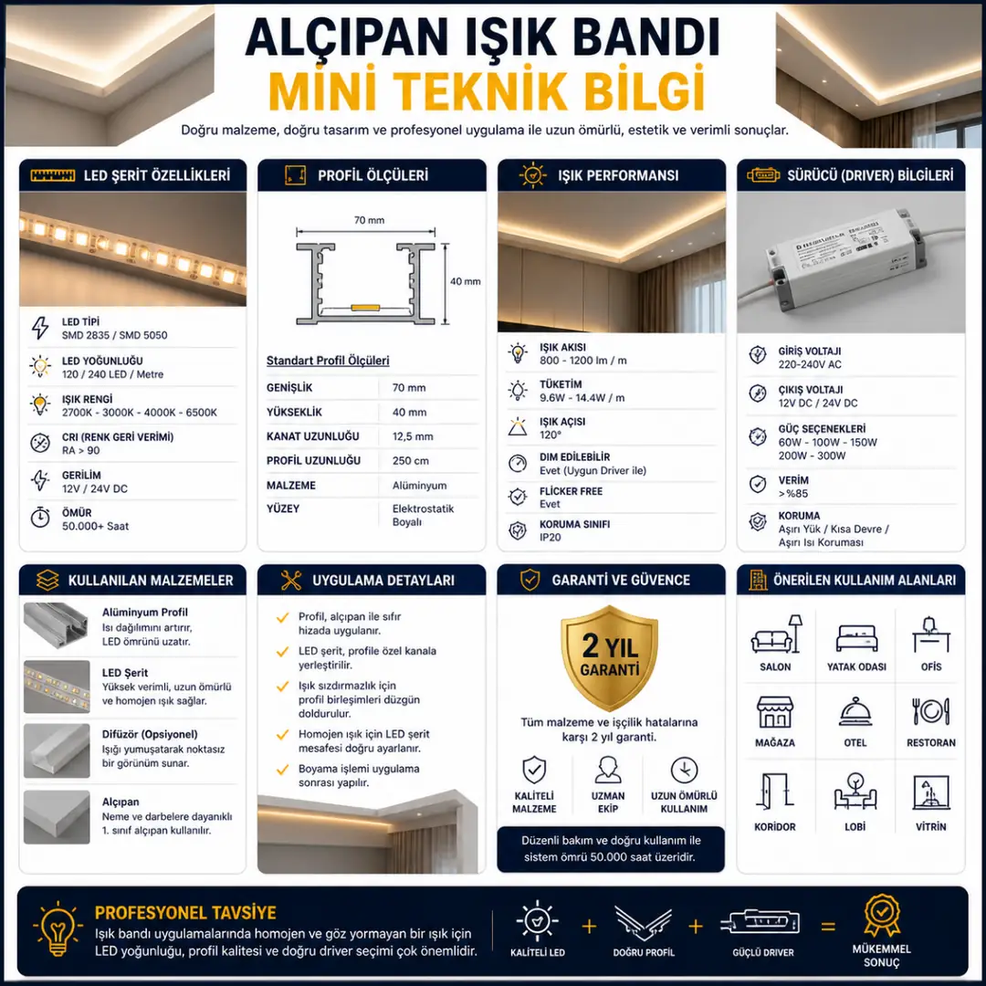 Alçıpan ışık bandı teknik özellikleri LED yoğunluğu profil ölçüsü garanti bilgisi&nbsp;