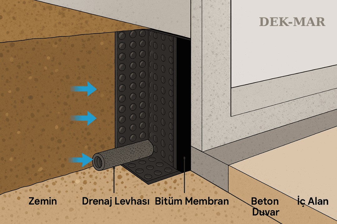 Bodrum perde duvar drenaj sistemi teknik kesiti – suyun tahliyesi ve duvar koruma detayı.