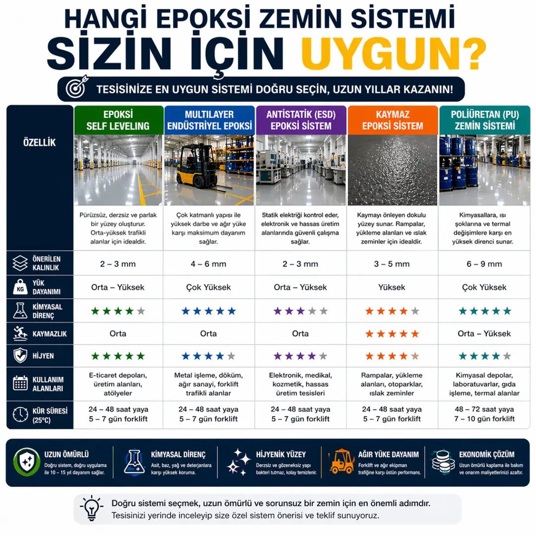 Epoksi zemin kaplama sistem karşılaştırması self leveling multilayer ESD ve poliüretan zemin farkları ve kullanım alanları&nbsp;