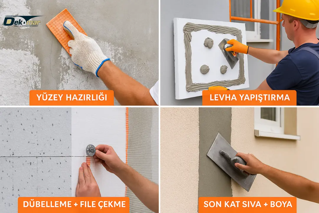 Dalmaçyalı köpük uygulama aşamaları: yüzey hazırlığı, yapıştırma, dübelleme, sıva ve boya.