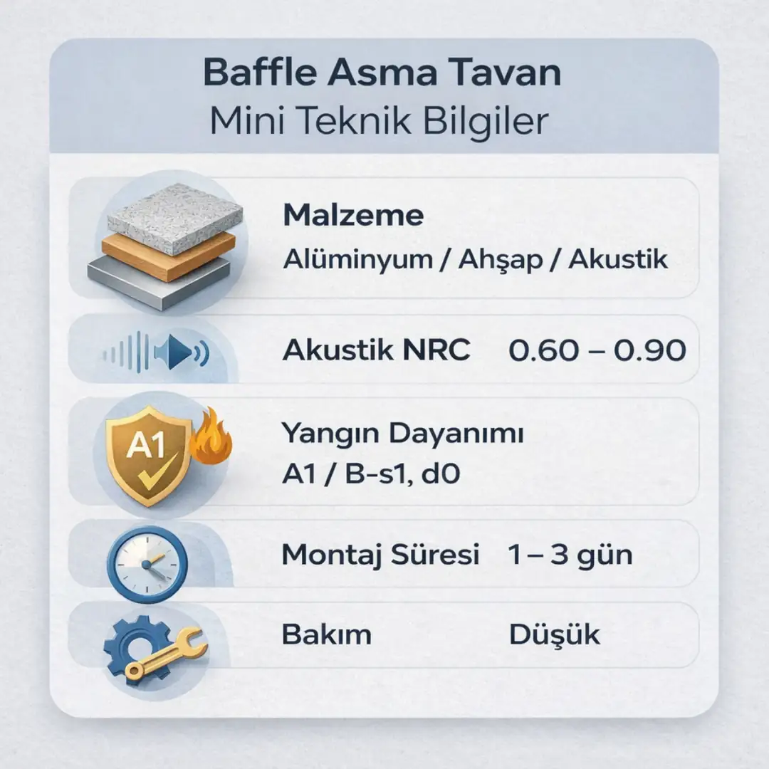 Baffle asma tavan teknik özellikleri – akustik, yangın dayanımı ve montaj bilgileri&nbsp;