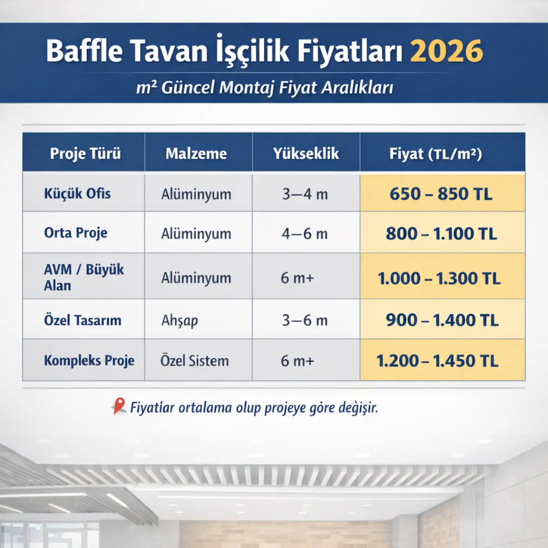 Baffle tavan işçilik fiyatları 2026 m2 tablosu, alüminyum ve ahşap baffle tavan montaj maliyetleri ve uygulama fiyat aralıkları